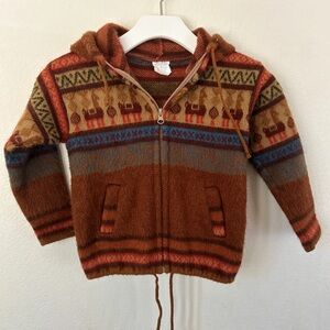 Kids' Artesanias Tuntaquimba Wool brown full zip hooded sweater jacket size 4